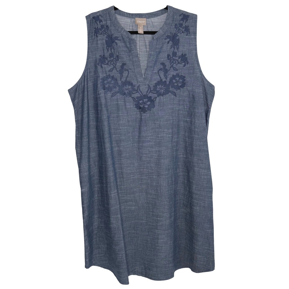 Chico's 100% Cotton‎ Embroidered Sleeveless Shift Dress Blue Size 4 XXL Chambray